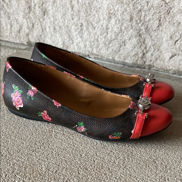 COACH Floral Leila Leather Ballet Flats Sz 6.5B Red + Brown Posy With Buckle GUC - Picture 1 of 6